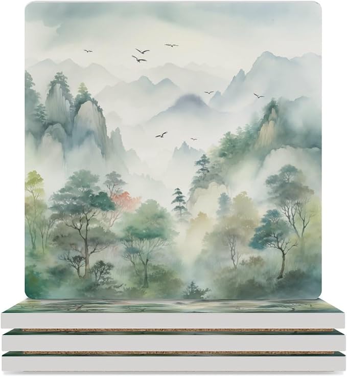 4PCS Forest Ceramic Coasters, Square Absorbent Drink Coasters,Nature Woodland Green Forest Mountain Plant Flying Birds Ceramic Table Coasters for Coffee, Beverage, Wine, Beer Coasters