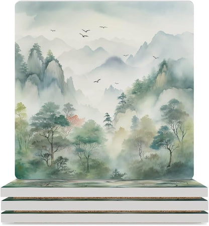 4PCS Forest Ceramic Coasters, Square Absorbent Drink Coasters,Nature Woodland Green Forest Mountain Plant Flying Birds Ceramic Table Coasters for Coffee, Beverage, Wine, Beer Coasters