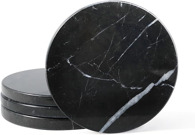 Koville Marble Coaster Set of 4, Round Coasters, 4" Stone Coaster for Drinks Coffee, White Marble Coasters for Coffee Table Home Bar Decor, Heat Resistant, Gift Choice(Black)
