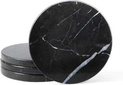 Koville Marble Coaster Set of 4, Round Coasters, 4" Stone Coaster for Drinks Coffee, White Marble Coasters for Coffee Table Home Bar Decor, Heat Resistant, Gift Choice(Black)