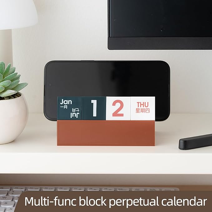 Block Calendar for Desk, Daily Desktop Perpetual Desk Calendar, Cute Date Display Blocks Desk Accessory for Home Office Decor, Teacher, Classroom, Reusable Yearly (Red, With phone holder)