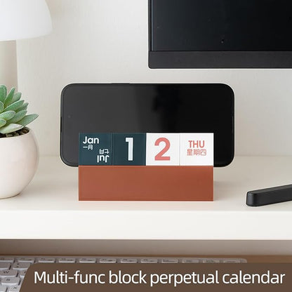 Block Calendar for Desk, Daily Desktop Perpetual Desk Calendar, Cute Date Display Blocks Desk Accessory for Home Office Decor, Teacher, Classroom, Reusable Yearly (Red, With phone holder)