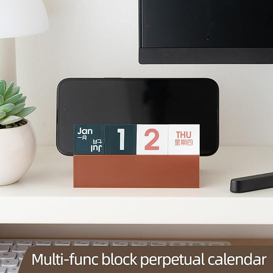 Block Calendar for Desk, Daily Desktop Perpetual Desk Calendar, Cute Date Display Blocks Desk Accessory for Home Office Decor, Teacher, Classroom, Reusable Yearly (Red, With phone holder)
