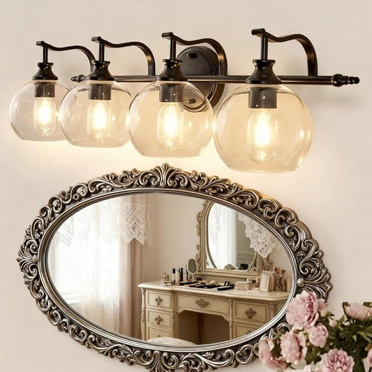 ANDY STAR 4 Light Bathroom Vanity Lights, Matte Black Bathroom Light with Clear Globe Glass Lampshade, 30.5 Inch Industrial Wall Lamp, E26 Base, Bulbs Not Included