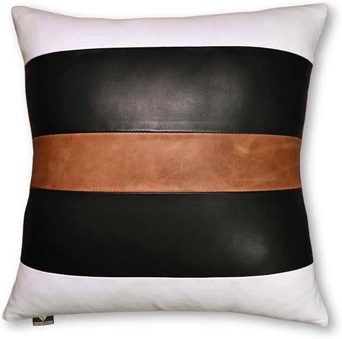 LL LEATHER LOVERS Genuine Lambskin Leather Pillow Cover, 20x20 Inch Case for Lumbar Throw Couch Pillows, Thick & Soft Cushion Covers for Sofa Bed Home Décor (White Black & Tan Pack of 1)