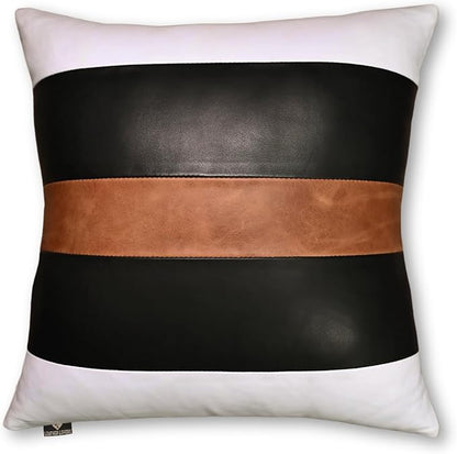 LL LEATHER LOVERS Genuine Lambskin Leather Pillow Cover, 22x22 Inch Case for Lumbar Throw Couch Pillows, Thick & Soft Cushion Covers for Sofa Bed Home Décor (White Black & Tan Pack of 1)