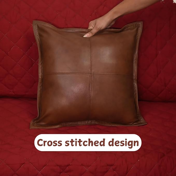 Lambskin Leather Pillow Cover - Sofa Cushion Case - Decorative Throw Covers for Living Room & Bedroom, 22x22 Inches - Dark Brown Antique Box Pack of 1