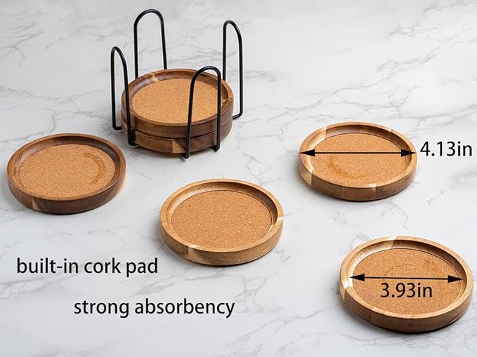 Coasters for Drinks Absorbent with Holder, Acacia Wood Cork Coaster for Coffee Table Wooden Table Coaster for Farmhouse Desk Extra Large Coasters, Set of 6
