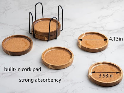 Coasters for Drinks Absorbent with Holder, Acacia Wood Cork Coaster for Coffee Table Wooden Table Coaster for Farmhouse Desk Extra Large Coasters, Set of 6