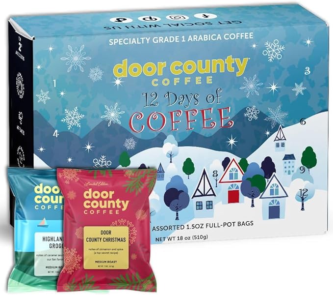 12 Days of Coffee - 2025 Christmas Advent Calendar - 12 Flavored Ground Full-Pot Bags - Unique Flavor Each Day