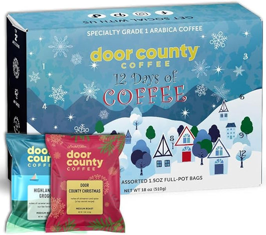 12 Days of Coffee - 2025 Christmas Advent Calendar - 12 Flavored Ground Full-Pot Bags - Unique Flavor Each Day