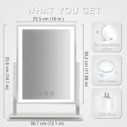 HIEEY Lighted Makeup Mirror, Hollywood Vanity Mirror with Lights, Three Color Lighting Modes, and 5X Magnification Mirror, Smart Touch Control, 360°Rotation (14.1in,White,Gift Box)