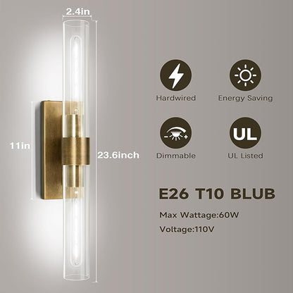 Brass and Glass Wall Sconces, 22.8" Vanity Lights for Bathroom 2 Lights, Horizontal or Vertical Linear Gold Wall Lamp, Indoor Sconces Wall Lighting, Tube Sconce for Living Room, Hallway