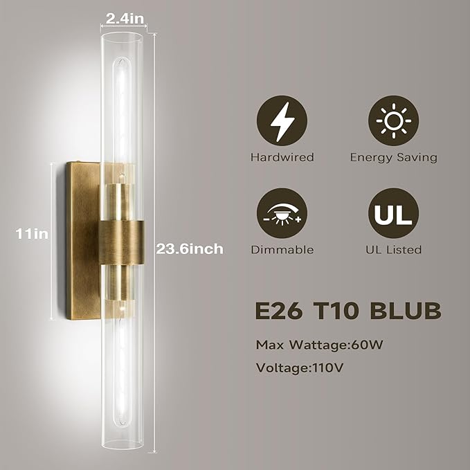 Brass Wall Sconces Set of Two, 22.8" Sconces Wall Lighting 2-Light, Gold Bathroom Wall Sconces, Glass Vanity Lights, Indoor Wall Sconce for Bathroom, Bedroom, Living Room, Hallway