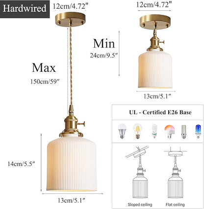Modern Farmhouse Mini Pendant Light with White Ceramic Cylindrical Shade, Brass E26 Socket with On/Off Switch, Hardwired Hanging Lamp for Vanity, Kitchen Sink Lighting Bar Counter