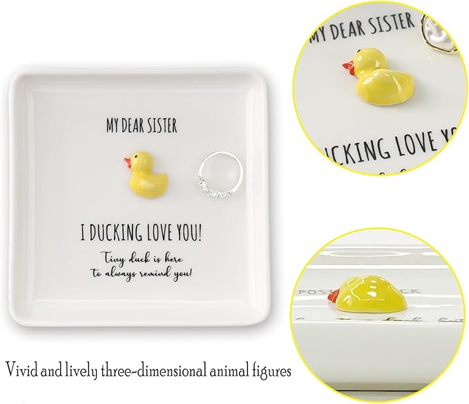HOME SMILE Duck Ring Dish Tray-Inspirational Birthday Mothers Day Sister Gifts,Soul Sister Friend Gifts for Women Girls Presents for Sister-I Ducking Love You Sister