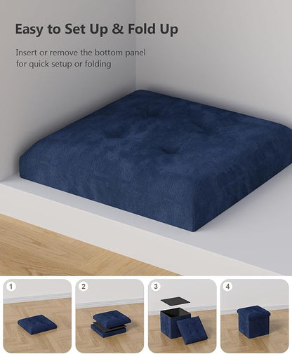 Folding Storage Ottoman Bench, Multi-Functional Ottoman Footrest, End of Bed Bench, Storage Chest for Living Room, Bedroom, Hallway, Entryway, Holds Up to 300 lbs (Navy Blue, 15 Inches)