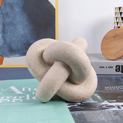 Handmade Sandstone Geometric Knot Sculpture Decor, Modern Decorative Chain Link Statue Ornament for Home & Office, Small Tabletop Accent for Coffee Table & Shelf Decor