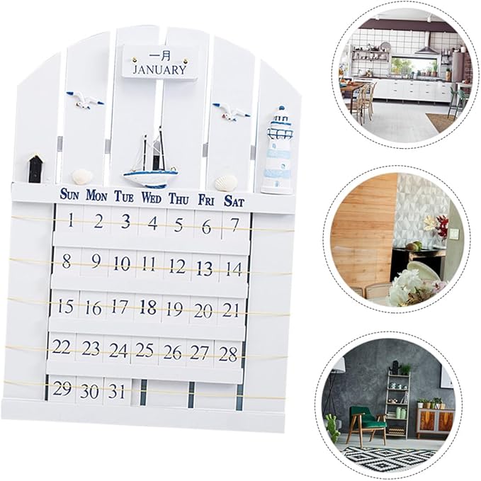 Wall Mounted Wooden Perpetual Calendar in Mediterranean Style, Material Removable Blocks, Home Decor for Office, School, Shop, White