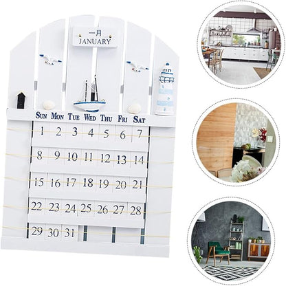 Wall Mounted Wooden Perpetual Calendar in Mediterranean Style, Material Removable Blocks, Home Decor for Office, School, Shop, White
