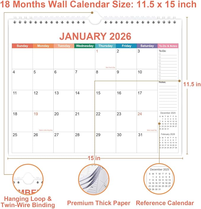 2026 Calendar - Wall Calendar 2026 from January 2026 to June 2027, 2026 Calendar with Premium Paper, Twin-Wire Binding & Hanging Hook, 11.5" x 14.5", Colorful