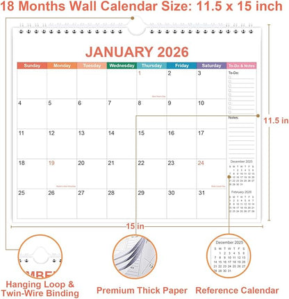 2026 Calendar - Wall Calendar 2026 from January 2026 to June 2027, 2026 Calendar with Premium Paper, Twin-Wire Binding & Hanging Hook, 11.5" x 14.5", Colorful