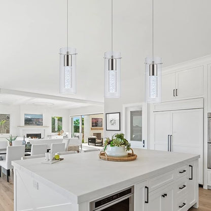 3 Pack Pendant Lights Kitchen Island, 6000K Kitchen Island Dining Room Light Pendant Lighting Fixtures Bubble Crystal Chandelier Over Island Table Modern Hanging Light for Bar Dining Room