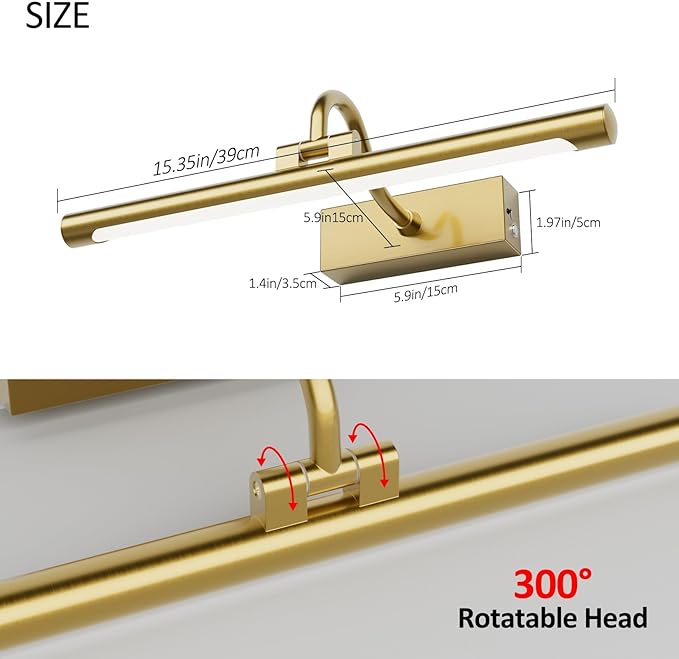 Aipsun 15.7" Brass Picture Lights for Wall Rechargeable,10000mAh Battery Operated Art Light for Paintings,3CCT Dimmable, Rotatable Gallery Light for Pictures Display