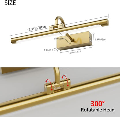 Aipsun 15.7" Brass Picture Lights for Wall Rechargeable,10000mAh Battery Operated Art Light for Paintings,3CCT Dimmable, Rotatable Gallery Light for Pictures Display