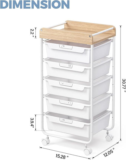 Rolling Storage Utility Cart With 5 Drawers,Craft Cart with Wheels,Makeup Organizer,Art Supply And Storage Wooden Tabletop,White