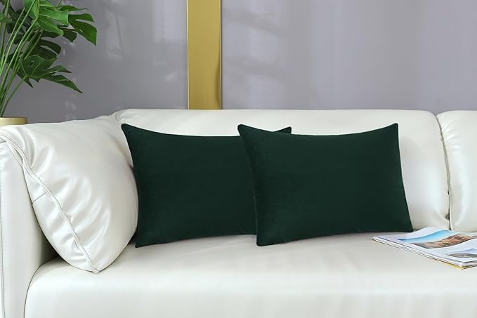 mixeoo Comfy Dark Green Throw Pillow Covers Christmas Decorative Long Lumbar Solid Thick Velvet Super Soft Cushion Cases Home Decor for Sofa Couch Living Room Chair, Set of 1, 14 x 36 Inch