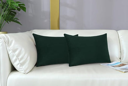 mixeoo Comfy Dark Green Throw Pillow Covers Christmas Decorative Long Lumbar Solid Thick Velvet Super Soft Cushion Cases Home Decor for Sofa Couch Living Room Chair, Set of 1, 14 x 36 Inch