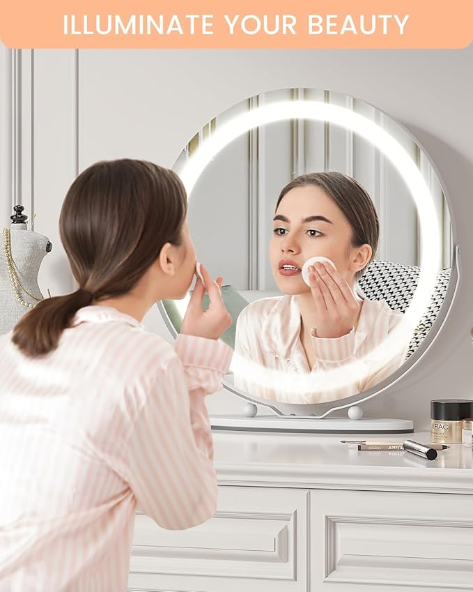 IDEALHOUSE 19 inch Makeup Mirror with Lights, Vanity Mirror with Smart Touch Control 3 Colors Dimmable Lights, 360°Rotation White Vanity Mirror for Bedroom, Tabletop and Desk Mirror