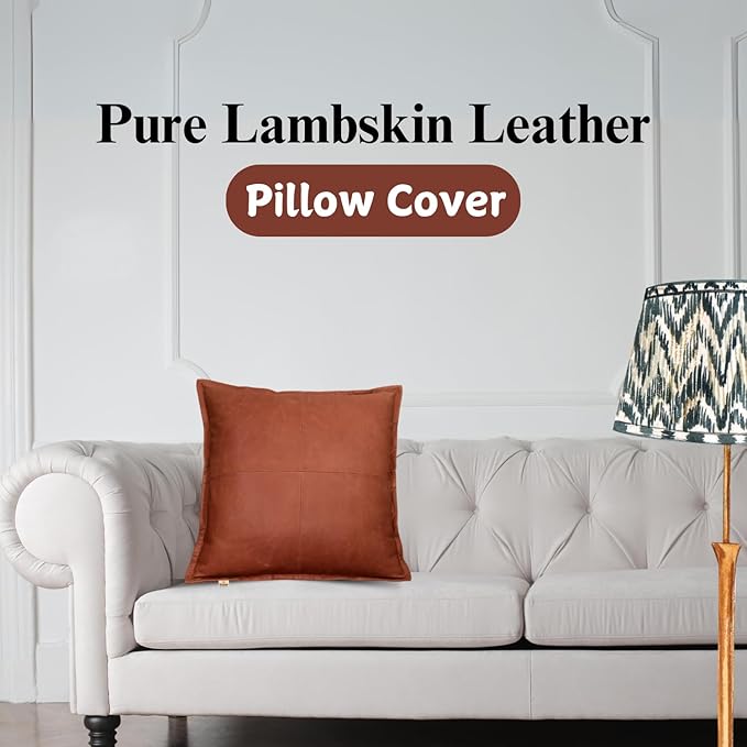 Lambskin Leather Pillow Cover - Sofa Cushion Case - Decorative Throw Covers for Living Room & Bedroom, 18x18 Inches - Orange Crunch Box Pack of 2