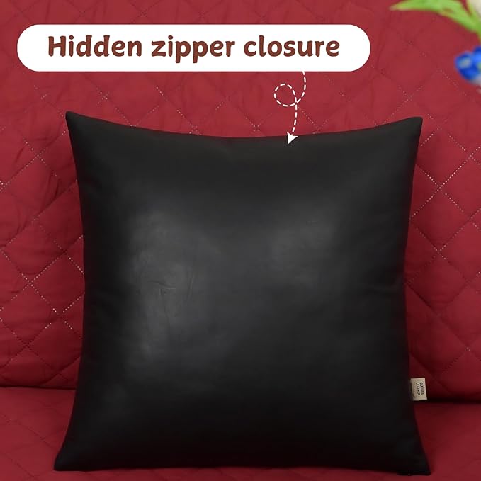 Lambskin Leather Pillow Cover, Hand Panel Stitched Leather Decorative Throw Pillow Covers for Couch Sofa Bed Living Room Garden (14x14 Inches, Black Pack of 1)