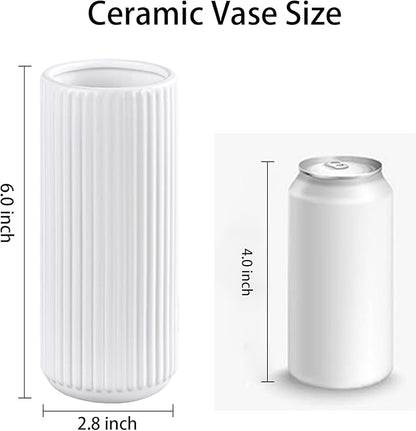 White Ceramic Flower Vase for Pampas Grass, 6 inch Small Decorative Centerpiece Ribbed Vase for Dining Table, Office Desktop, Shelf Bookshelf, Mantel, Bathroom, Countertop, Farmhouse, Gift