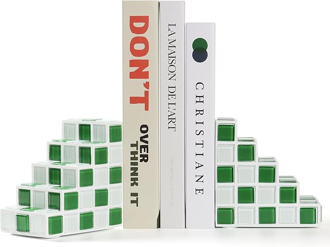 Decorative Bookends for Shelves - Stair Book Ends for Heavy Books - Unique Book Stopper & Holder for Shelves - Modern Home Decor Aesthetic Bookshelf Decor (Green & White)