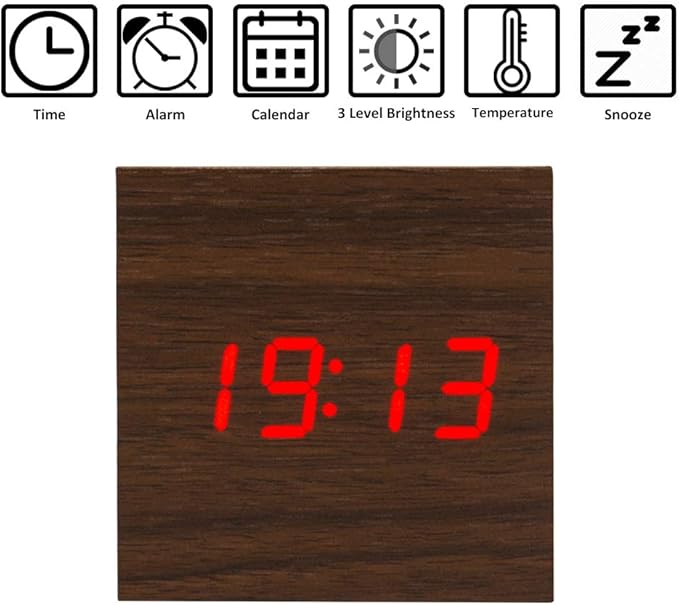 Lancoon Wooden Alarm Clock - Mini Cube LED Digital Clock with Time/Date/Temperature Display, 3 Levels Brightness and Voice Control Great for Home Office Travel - AC10Brown_Red