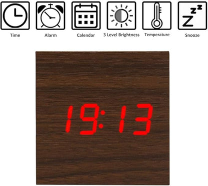 Lancoon Wooden Alarm Clock - Mini Cube LED Digital Clock with Time/Date/Temperature Display, 3 Levels Brightness and Voice Control Great for Home Office Travel - AC10Brown_Red