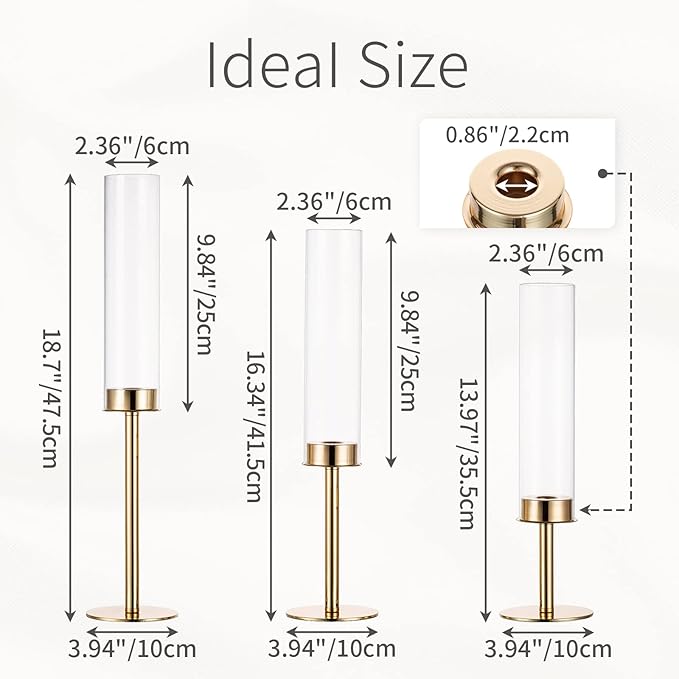Hurricane Taper Candle Holders: Gold Glass Candlestick Holder Tall Candle Sticks Holder Decor with Glass Cover for Wedding Table Centerpiece Party Birthday Christmas Home Mantel Set of 3