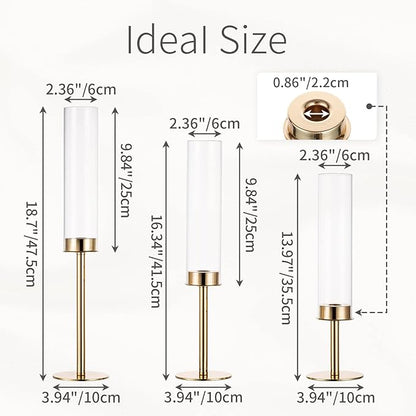 Gold Candle Holders for Candlesticks - Taper Candle Holders with Removable Glass, Tall Brass Candlestick Holders, Candle Stand Candle Sticks Long Holder for Table Centerpiece, Wedding, 30Pcs