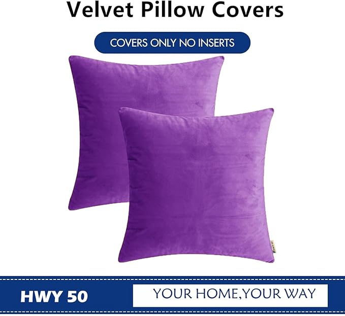 HWY 50 Purple Velvet Throw Pillow Covers 22x22 Inch, Pack of 2 Soft Cozy Solid Decorative Luxury Cushion Cases for Couch Sofa Bed Living Room Bedroom
