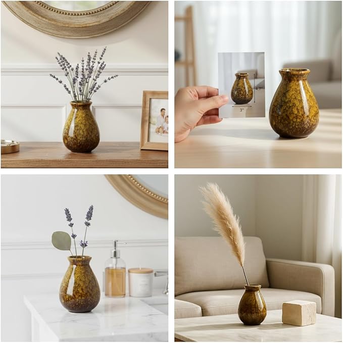 Okllen Set of 4 Ceramic Flower Vases Farmhouse Decor, Boho Decor, Red and Yellow Reactive Glazed Color Small Flower Vases, Centerpiece Table Decorations, Decorative Ceramic Vase for Home, Living Room