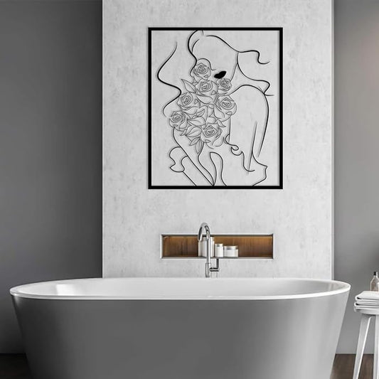 RUNBOAT Metal Women Floral Wall Art - Modern Abstract Metal Line Wall Art, Minimalist Flower Wall Decor, Female Room Decor for Bedroom, Living Room (White, 39x33in|100x83cm)