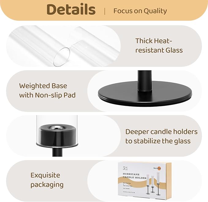 Black Hurricane Glass Candle Holders Set of 6, Tall Metal Taper Candle Stick Holder, Clear Candlestick Holders, Table Centerpieces Decor for Dining Dinner, Weddings, Christmas Fireplace Decorations