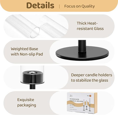 Black Hurricane Glass Candle Holders Set of 6, Tall Metal Taper Candle Stick Holder, Clear Candlestick Holders, Table Centerpieces Decor for Dining Dinner, Weddings, Christmas Fireplace Decorations