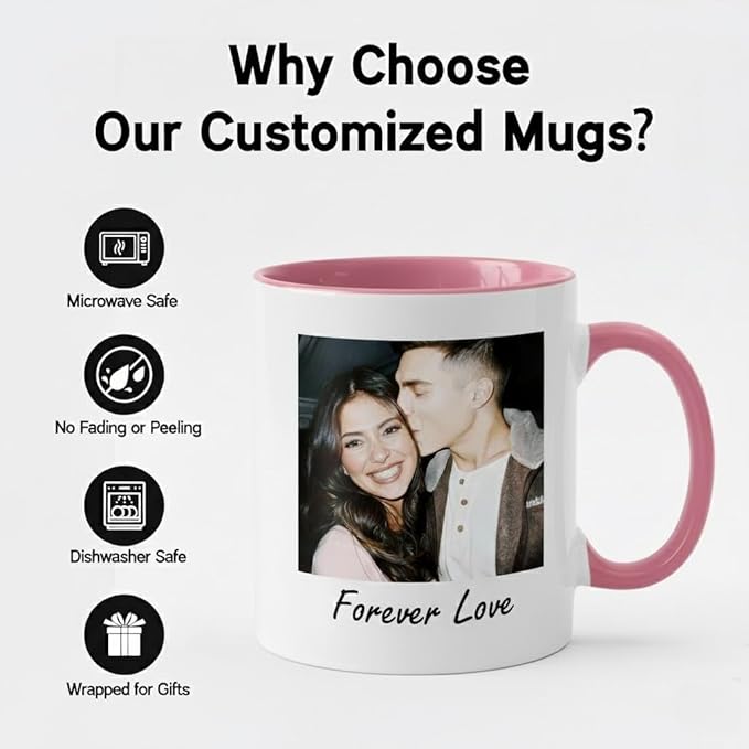 Custom Photo Coffee Mug, Personalized Forever Love Design Ceramic Cup for Anniversary Boyfriend Girlfriend Dishwasher Safe, 11oz (Pink)