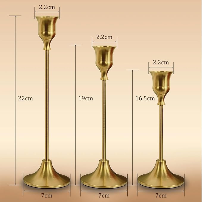 Candle Stick Holder Set of 3 - Gold Vintage Metal Taper Holders，Decorative Centerpiece for Table, Mantel, Wedding