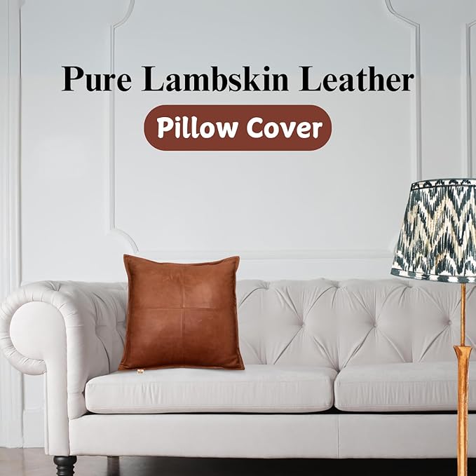 Lambskin Leather Pillow Cover - Sofa Cushion Case - Decorative Throw Covers for Living Room & Bedroom, 18x18 Inches - Antique Brown Box Pack of 2