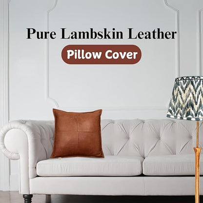 Lambskin Leather Pillow Cover - Sofa Cushion Case - Decorative Throw Covers for Living Room & Bedroom, 18x18 Inches - Antique Brown Box Pack of 1